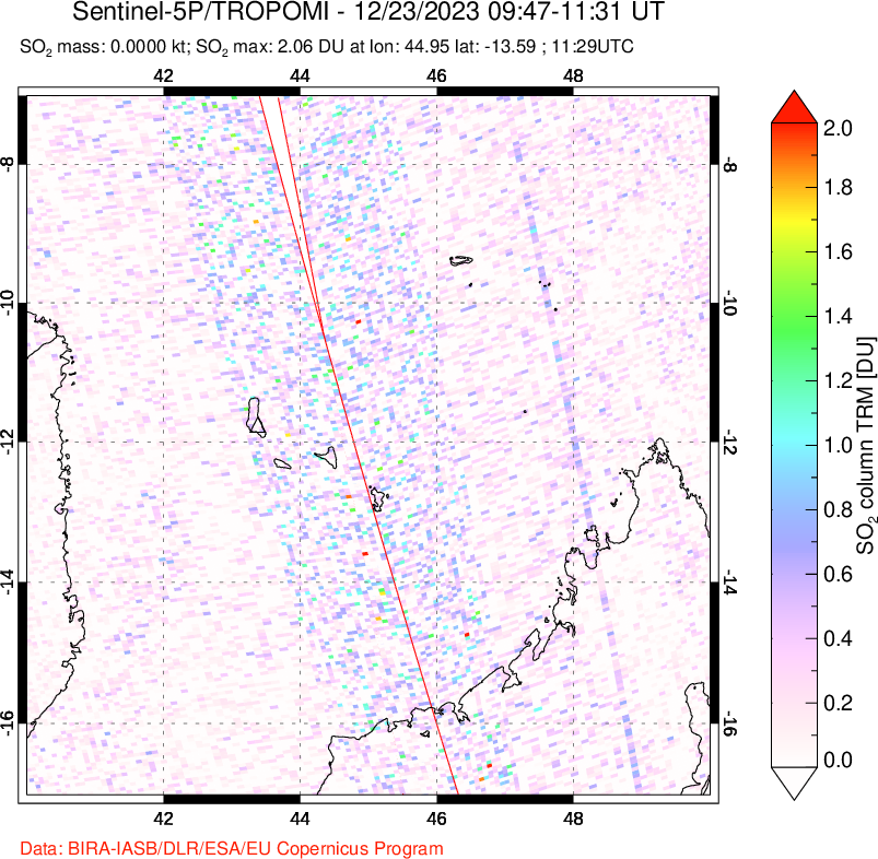 A sulfur dioxide image over Comoro Islands on Dec 23, 2023.