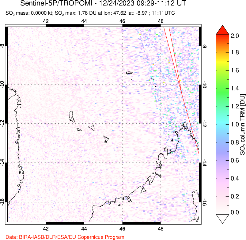 A sulfur dioxide image over Comoro Islands on Dec 24, 2023.