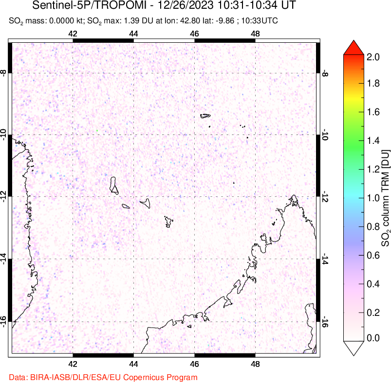 A sulfur dioxide image over Comoro Islands on Dec 26, 2023.