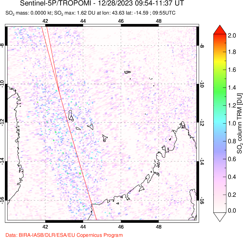 A sulfur dioxide image over Comoro Islands on Dec 28, 2023.