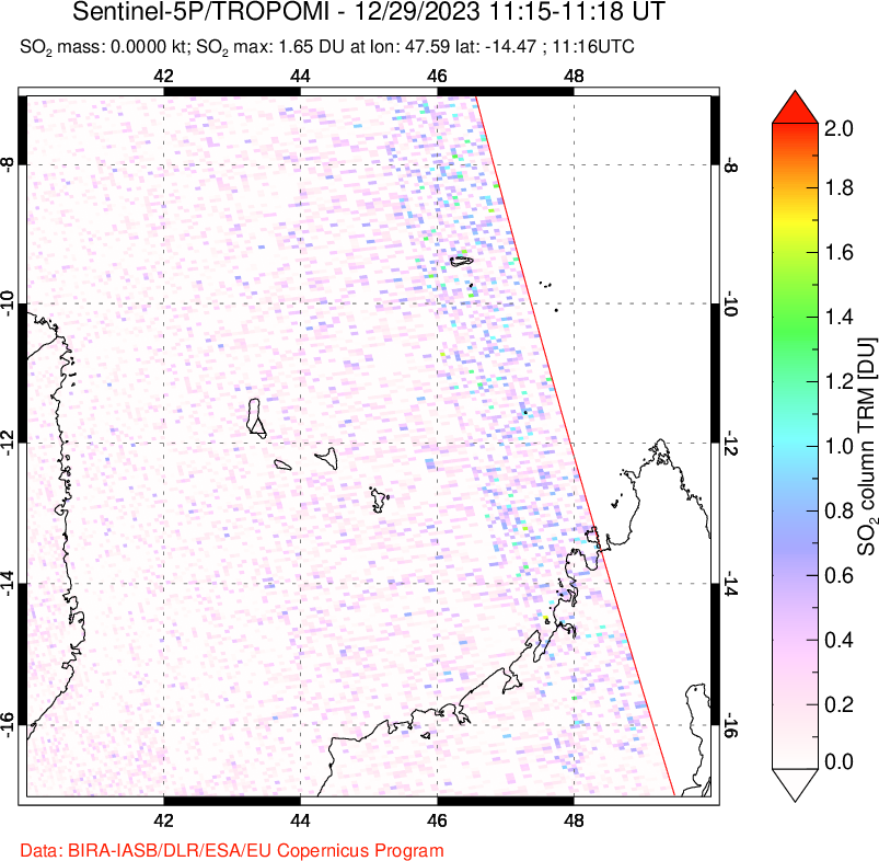 A sulfur dioxide image over Comoro Islands on Dec 29, 2023.