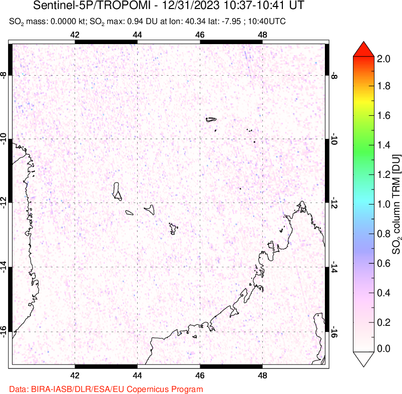 A sulfur dioxide image over Comoro Islands on Dec 31, 2023.