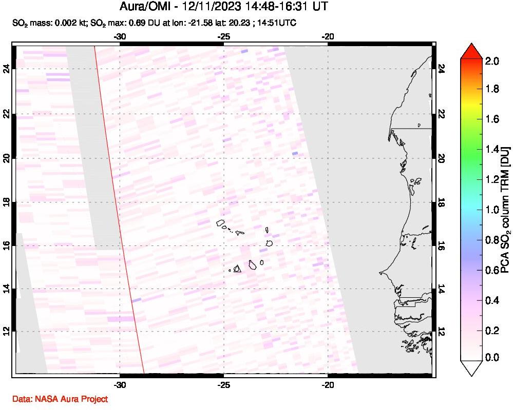 A sulfur dioxide image over Cape Verde Islands on Dec 11, 2023.