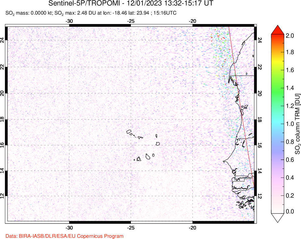 A sulfur dioxide image over Cape Verde Islands on Dec 01, 2023.