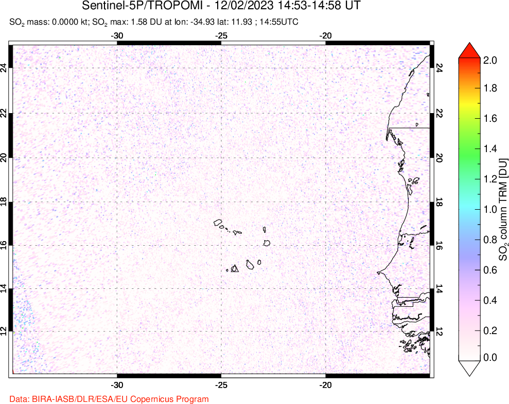 A sulfur dioxide image over Cape Verde Islands on Dec 02, 2023.