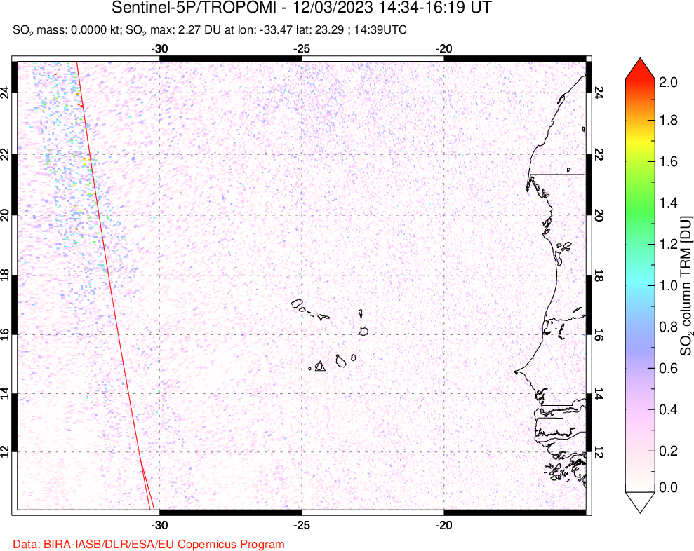 A sulfur dioxide image over Cape Verde Islands on Dec 03, 2023.