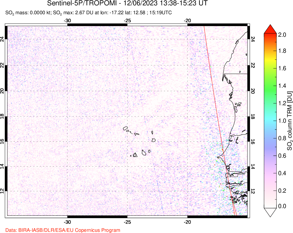 A sulfur dioxide image over Cape Verde Islands on Dec 06, 2023.