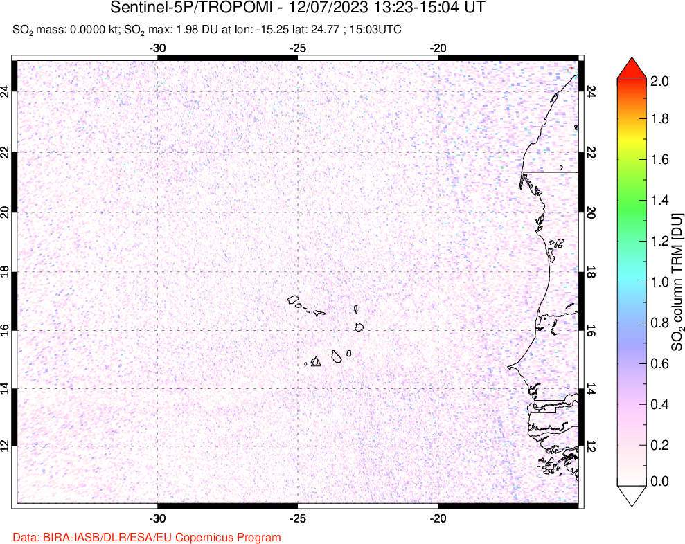 A sulfur dioxide image over Cape Verde Islands on Dec 07, 2023.