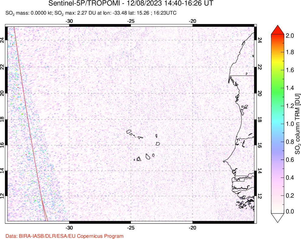 A sulfur dioxide image over Cape Verde Islands on Dec 08, 2023.