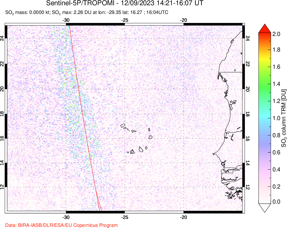 A sulfur dioxide image over Cape Verde Islands on Dec 09, 2023.