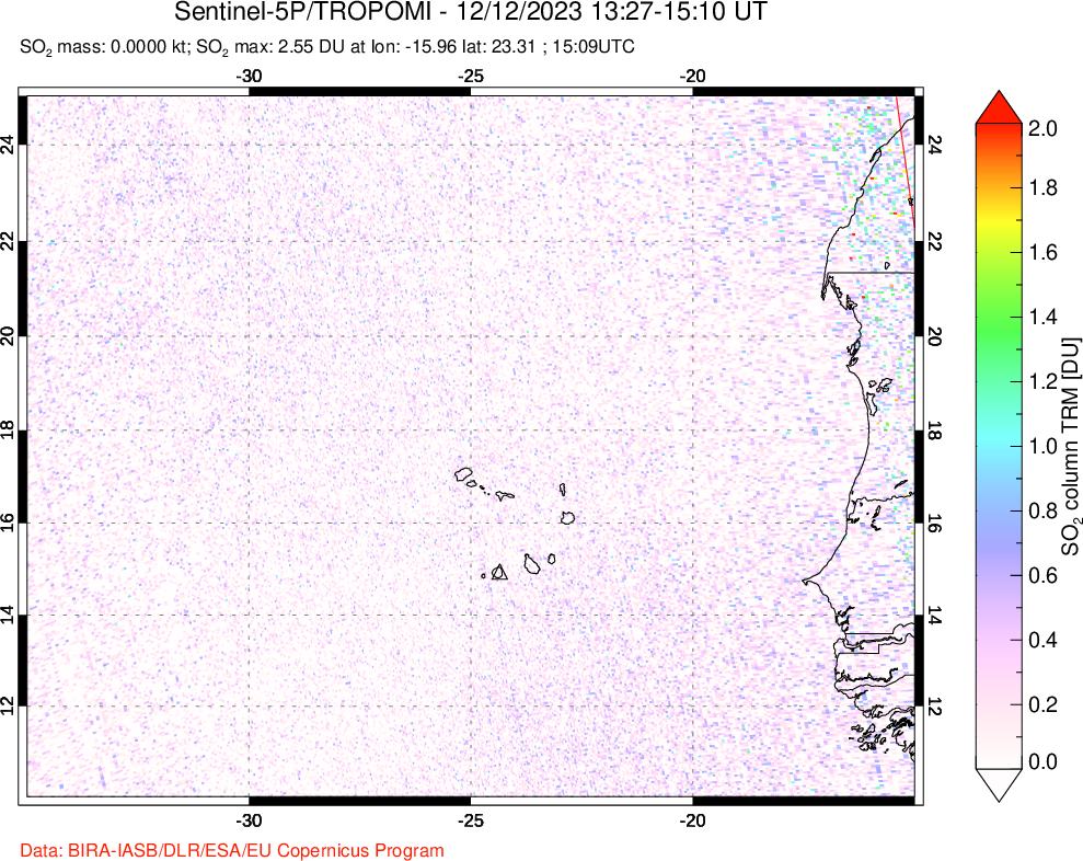 A sulfur dioxide image over Cape Verde Islands on Dec 12, 2023.