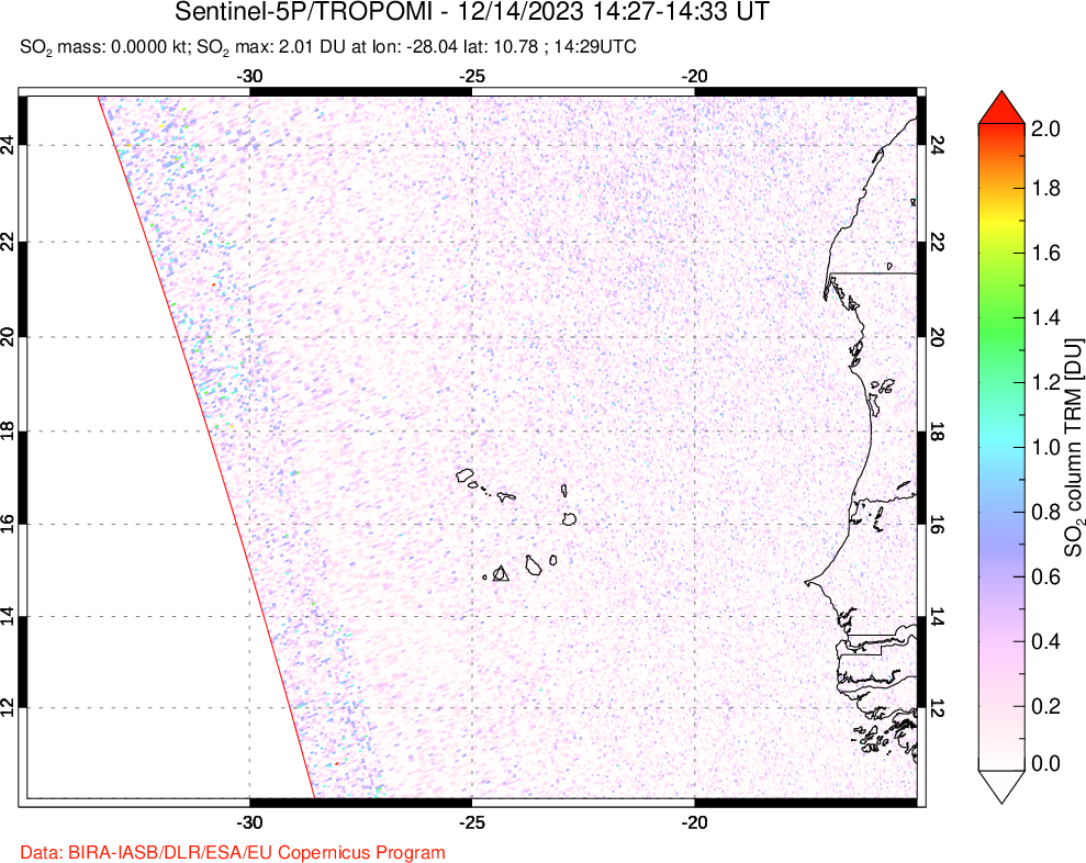 A sulfur dioxide image over Cape Verde Islands on Dec 14, 2023.