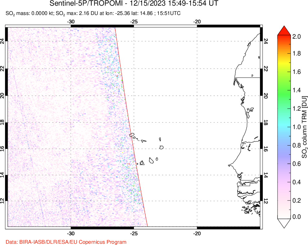 A sulfur dioxide image over Cape Verde Islands on Dec 15, 2023.