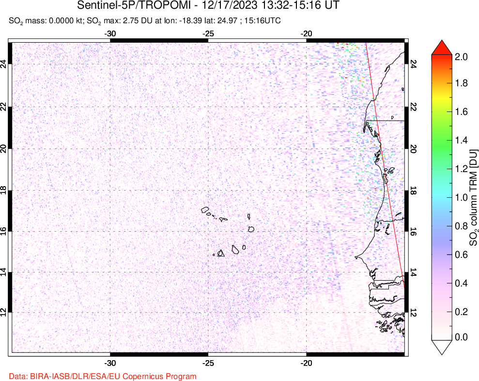 A sulfur dioxide image over Cape Verde Islands on Dec 17, 2023.