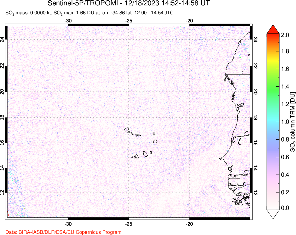 A sulfur dioxide image over Cape Verde Islands on Dec 18, 2023.