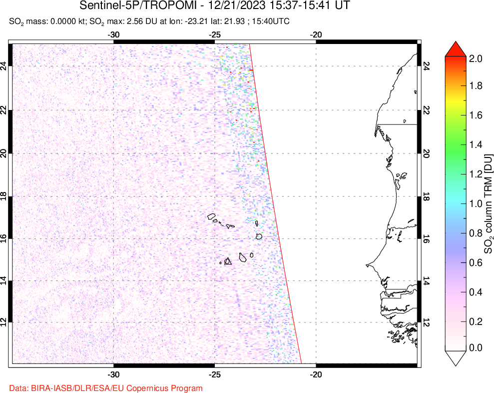 A sulfur dioxide image over Cape Verde Islands on Dec 21, 2023.