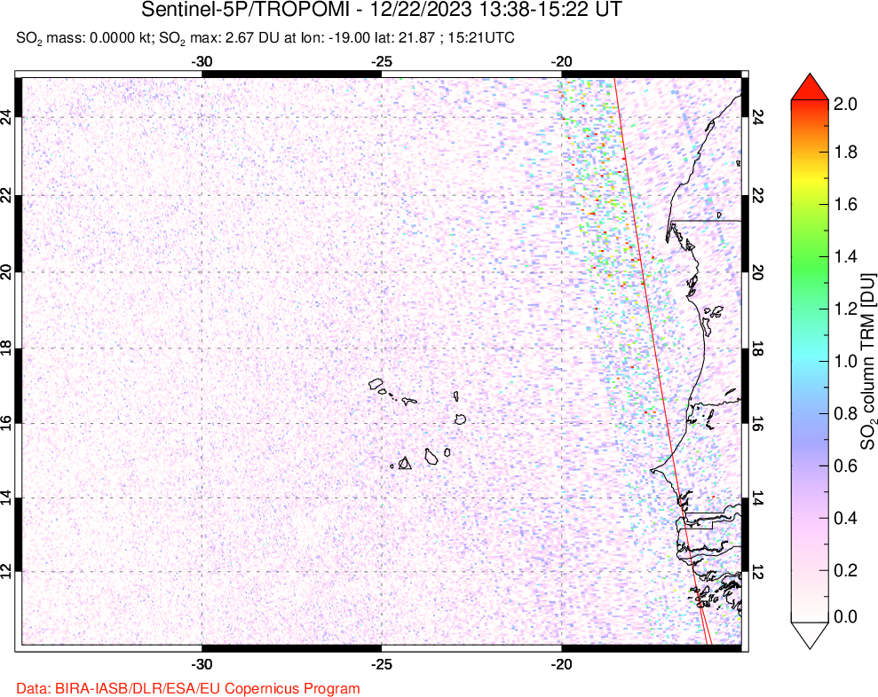 A sulfur dioxide image over Cape Verde Islands on Dec 22, 2023.