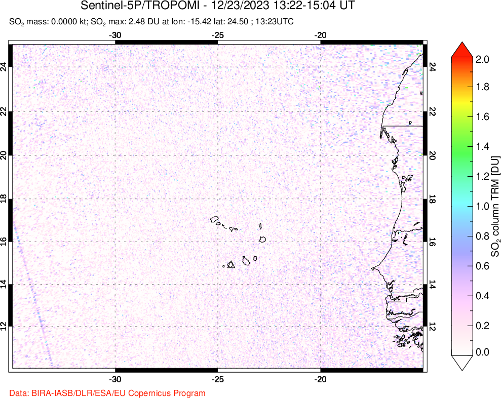 A sulfur dioxide image over Cape Verde Islands on Dec 23, 2023.