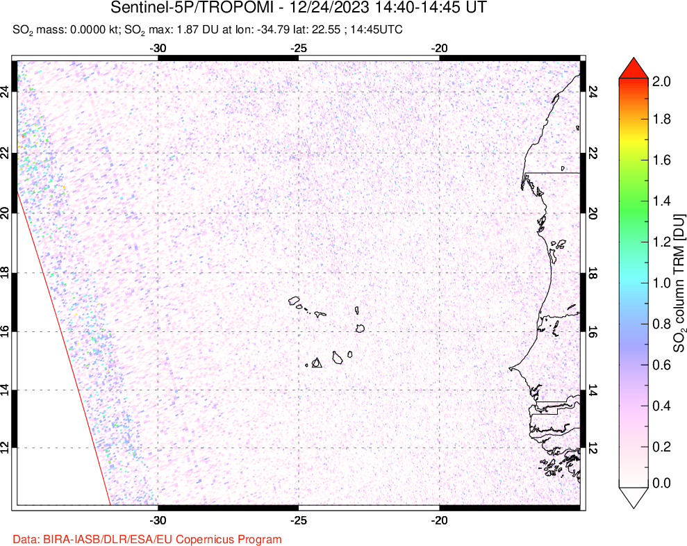 A sulfur dioxide image over Cape Verde Islands on Dec 24, 2023.