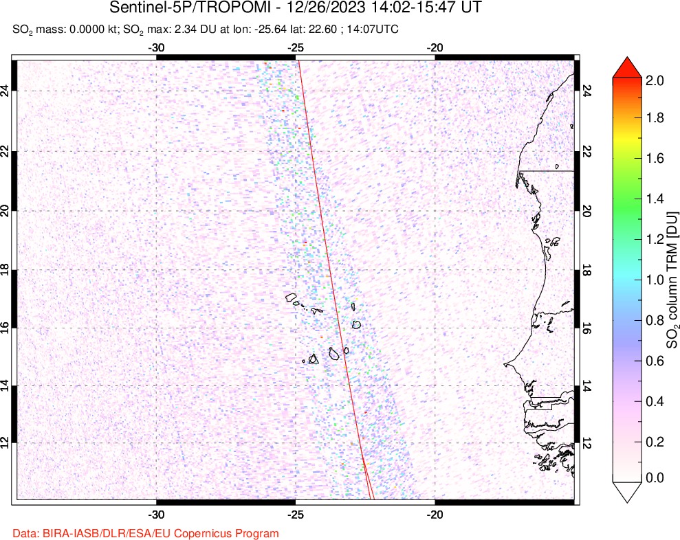 A sulfur dioxide image over Cape Verde Islands on Dec 26, 2023.