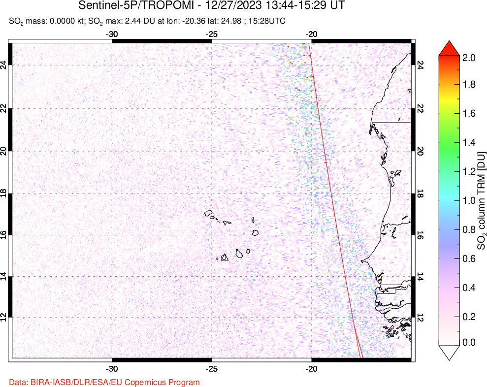 A sulfur dioxide image over Cape Verde Islands on Dec 27, 2023.