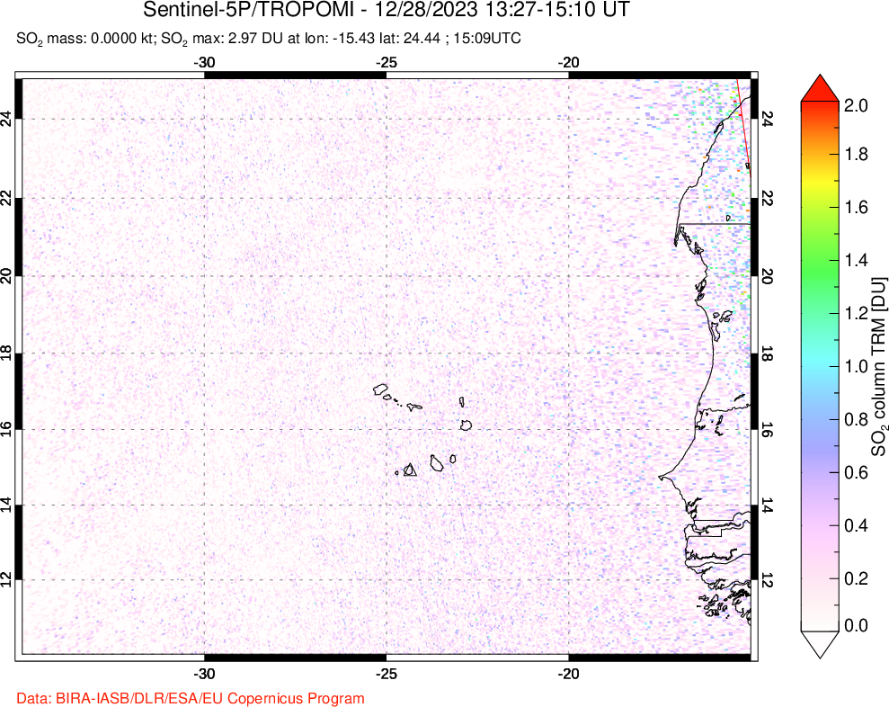 A sulfur dioxide image over Cape Verde Islands on Dec 28, 2023.