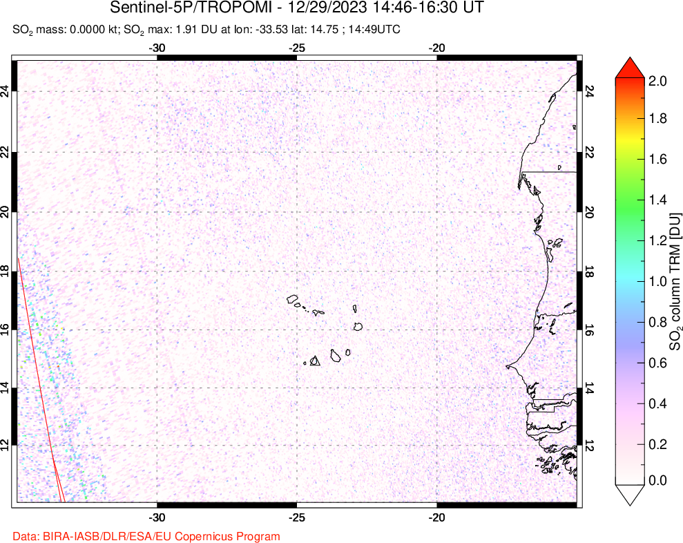 A sulfur dioxide image over Cape Verde Islands on Dec 29, 2023.