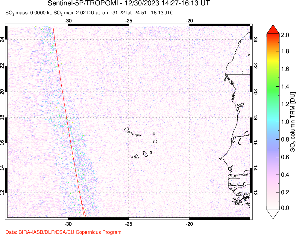 A sulfur dioxide image over Cape Verde Islands on Dec 30, 2023.