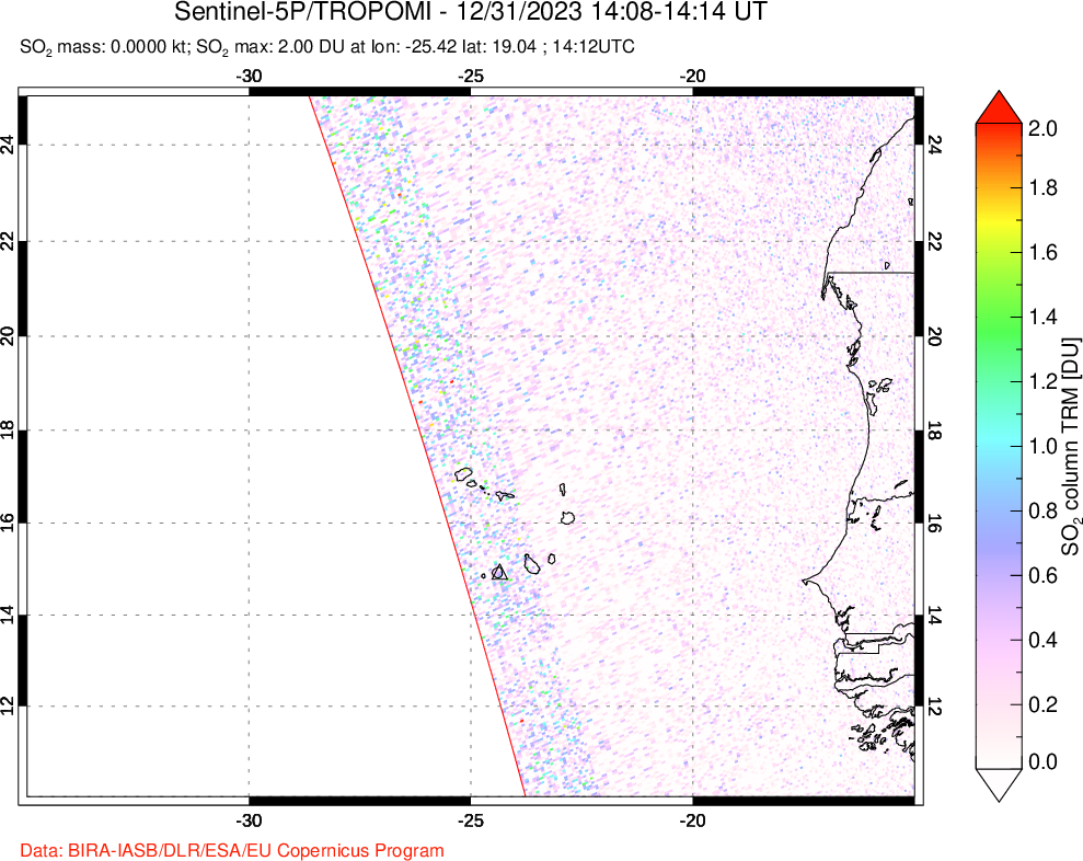 A sulfur dioxide image over Cape Verde Islands on Dec 31, 2023.