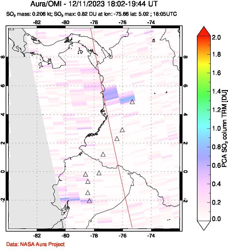 A sulfur dioxide image over Ecuador on Dec 11, 2023.