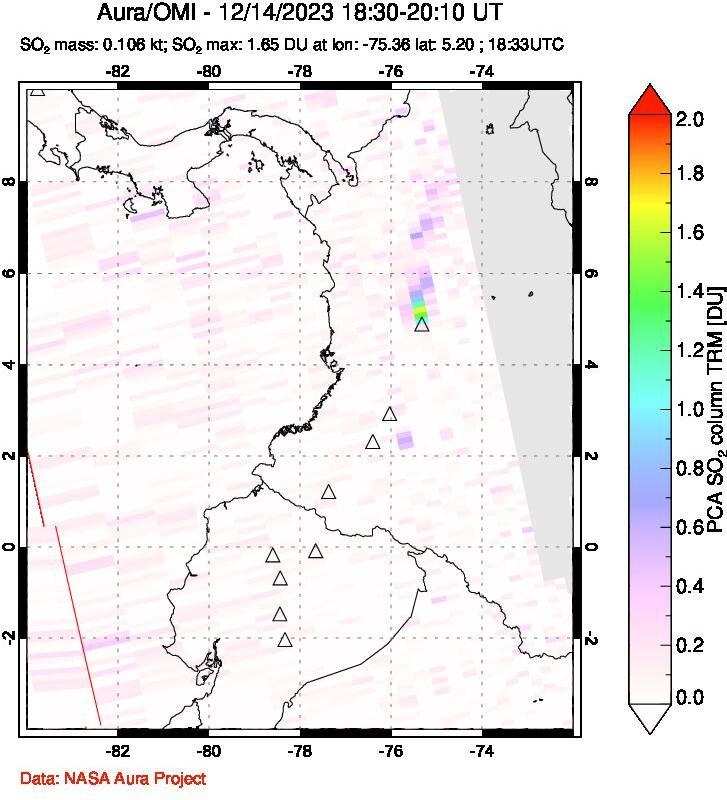 A sulfur dioxide image over Ecuador on Dec 14, 2023.