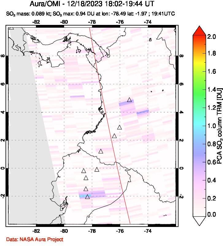 A sulfur dioxide image over Ecuador on Dec 18, 2023.