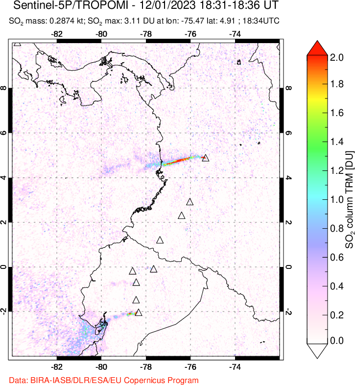 A sulfur dioxide image over Ecuador on Dec 01, 2023.