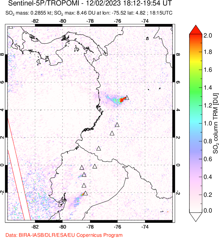 A sulfur dioxide image over Ecuador on Dec 02, 2023.