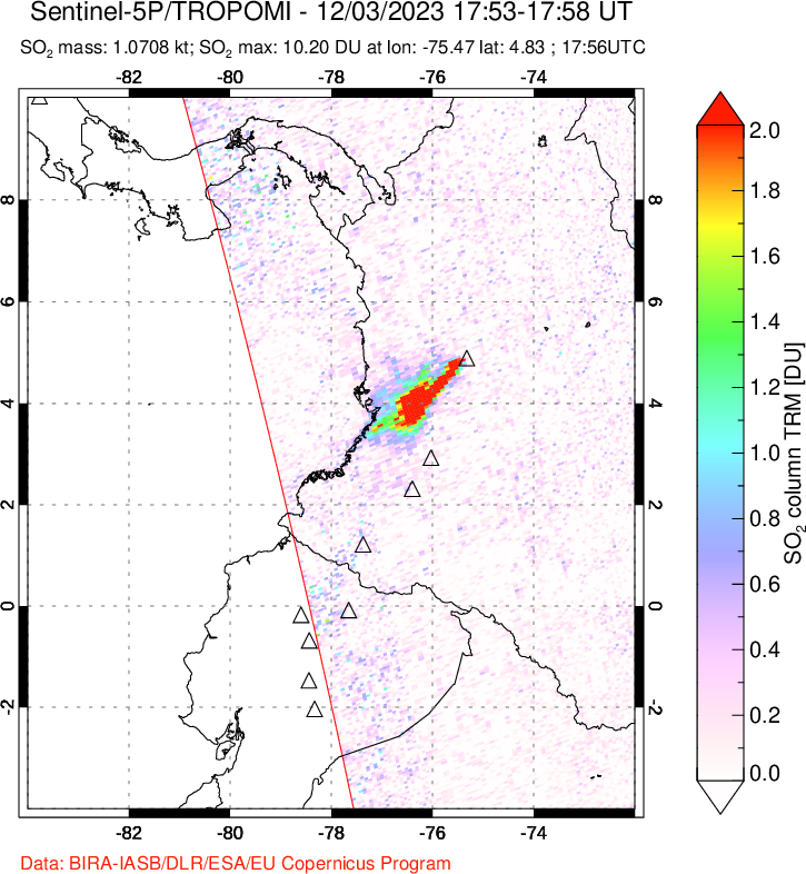 A sulfur dioxide image over Ecuador on Dec 03, 2023.