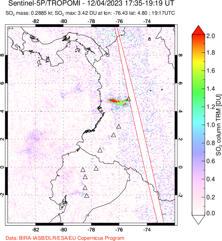 A sulfur dioxide image over Ecuador on Dec 04, 2023.