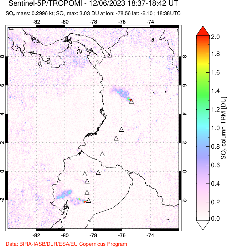 A sulfur dioxide image over Ecuador on Dec 06, 2023.