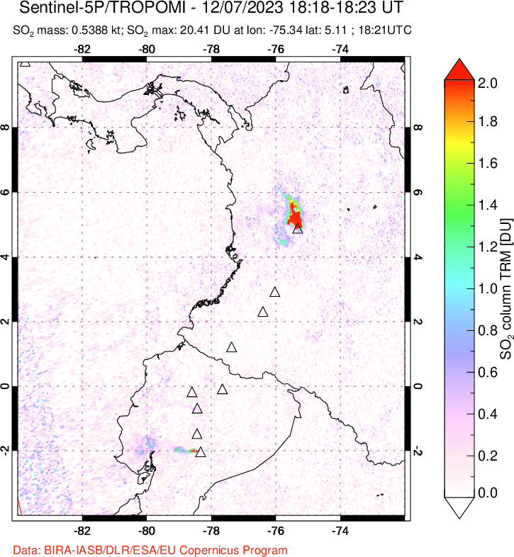 A sulfur dioxide image over Ecuador on Dec 07, 2023.