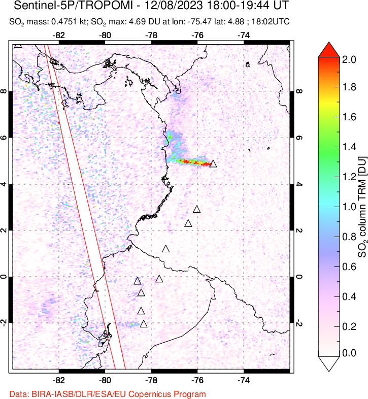 A sulfur dioxide image over Ecuador on Dec 08, 2023.