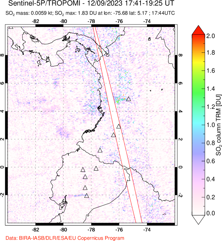 A sulfur dioxide image over Ecuador on Dec 09, 2023.