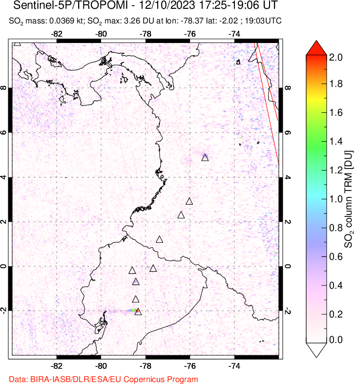 A sulfur dioxide image over Ecuador on Dec 10, 2023.