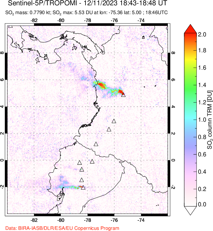 A sulfur dioxide image over Ecuador on Dec 11, 2023.