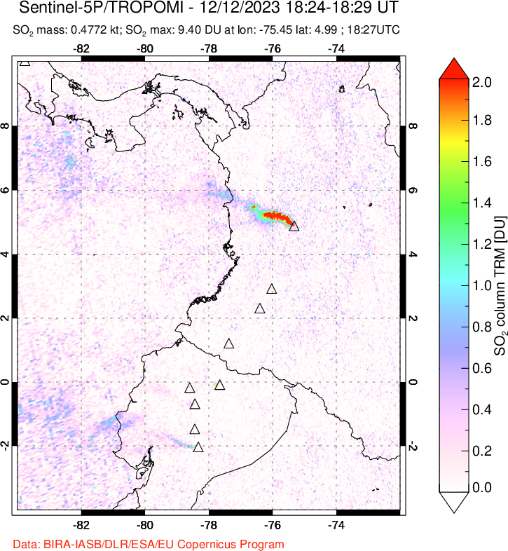 A sulfur dioxide image over Ecuador on Dec 12, 2023.