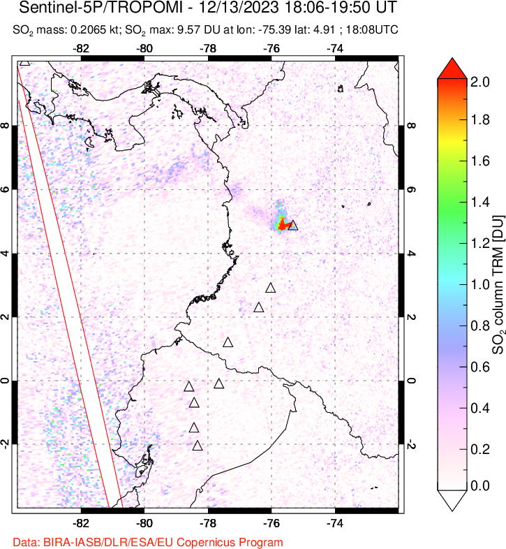 A sulfur dioxide image over Ecuador on Dec 13, 2023.