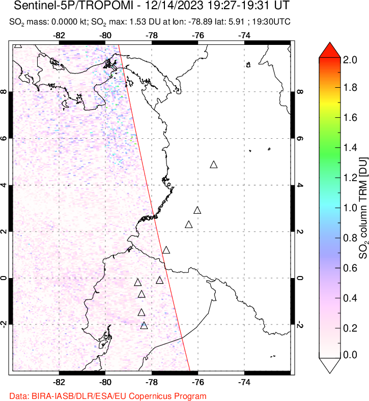 A sulfur dioxide image over Ecuador on Dec 14, 2023.