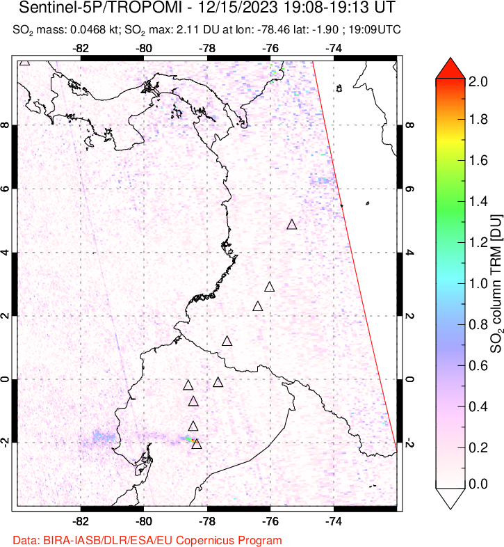 A sulfur dioxide image over Ecuador on Dec 15, 2023.