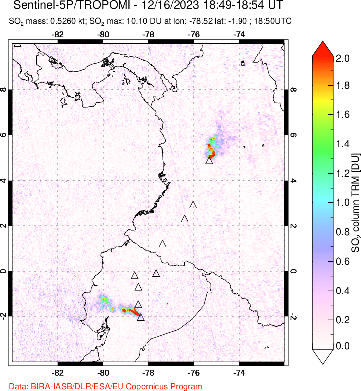 A sulfur dioxide image over Ecuador on Dec 16, 2023.