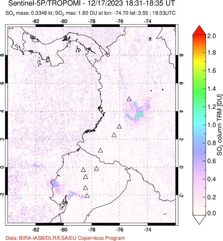 A sulfur dioxide image over Ecuador on Dec 17, 2023.