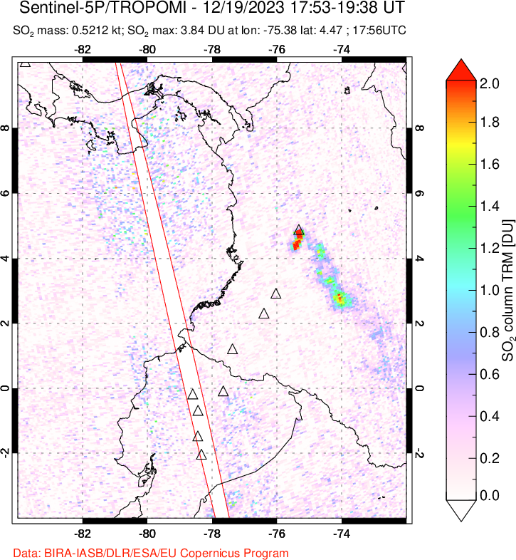 A sulfur dioxide image over Ecuador on Dec 19, 2023.