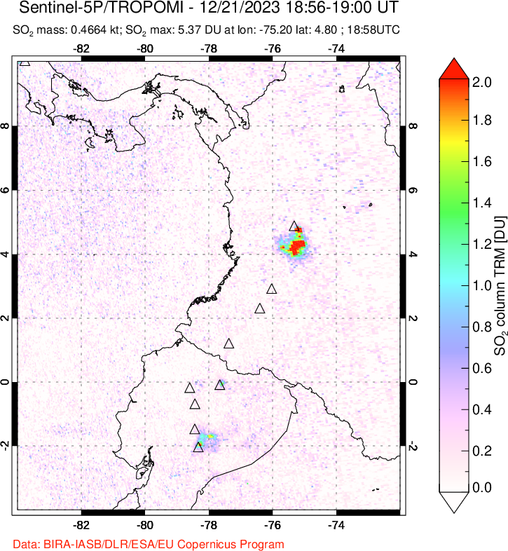 A sulfur dioxide image over Ecuador on Dec 21, 2023.